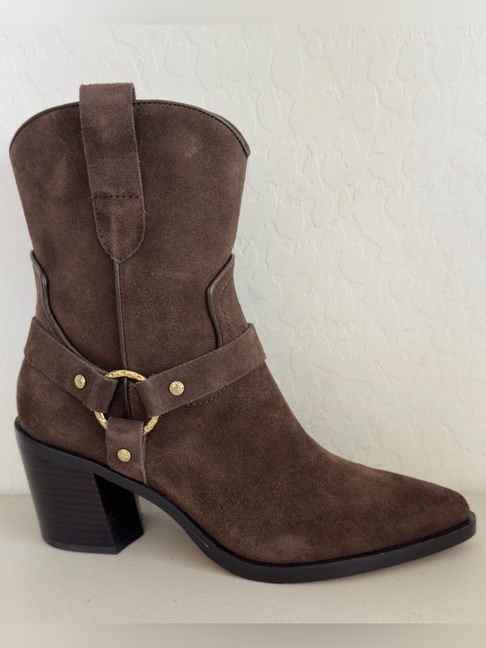 NEW Dolce Vita Kenzen Chocolate Brown Suede Harness Booties Size 8 - Picture 3 of 10